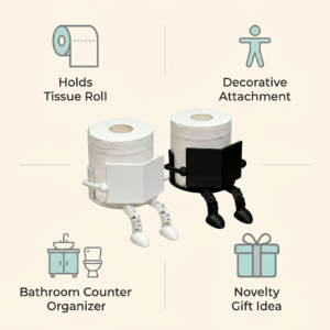Infographic showing two anthropomorphic toilet paper rolls with four idea labels: Holds Tissue Roll, Decorative Attachment, Bathroom Counter Organizer, Novelty Gift Idea.