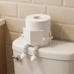 White toilet with a large roll of toilet paper on the tank and a white square card/holder attached to the side, in a tiled bathroom.