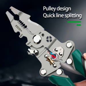 Close-up of a wire stripper plier cutting and stripping a colored cable insulation.