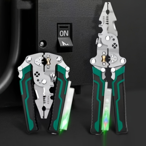 Two multi-tool pliers with green/black handles and built-in LEDs, placed beside an ON switch on a dark surface