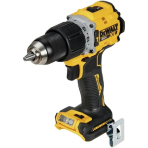 Cordless DeWalt drill with yellow and black body and battery pack attached, viewed from the side near the chuck area.