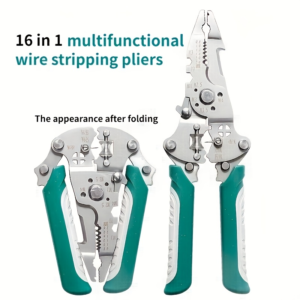 Green-handled 16-in-1 multifunctional wire-stripping pliers shown in folded and extended jaw configurations to illustrate versatility and use for stripping wires notches and crimping.