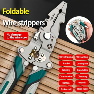 Foldable wire strippers on wood with teal handles, highlighting multiple function labels like wire stripping and wire cutting on red pills the right side.