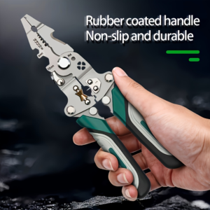 Hand holding a rubber-coated multi-tool wire stripper for cutting and stripping wires; stainless metal jaws visible against dark background, with product claim text nearby.
