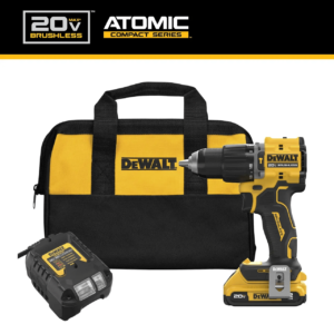 DeWalt 20V cordless drill with battery and charger beside a yellow-and-black tool bag.