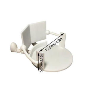 White plastic mounting device with a round circular base and an adjustable arm, showing measurements of 12.5 cm (4.9 in) and 5.5 cm (2.16 in).