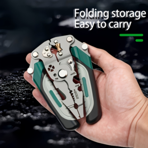 Hand holding a compact folding multitool with teal grips, shown in palm for portability.