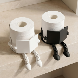 Two toilet paper rolls dressed as cartoon characters with white and black outfits, sitting on a bathroom countertop with their legs dangling.