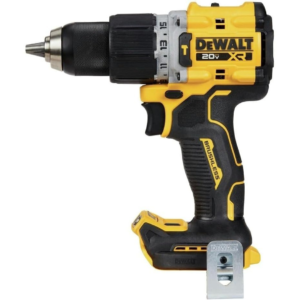 DeWalt cordless drill/driver with a yellow and black body and 20V battery, shown in profile with chuck on the left.