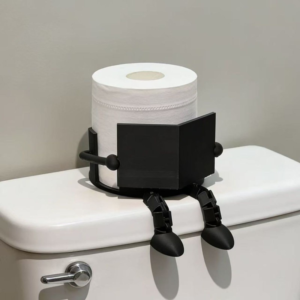 Black novelty toilet paper holder with arms and dangling legs around a roll of toilet paper on a toilet tank.