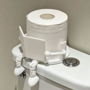 Novelty white cake shaped like a giant toilet paper roll sits on a bathroom toilet tank, with a hollow center on top and decorative details at the base of the roll.