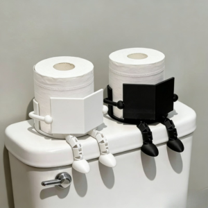 Two cartoon-style toilet paper rolls with arms and legs sit on a bathroom toilet tank: one white, one black.",