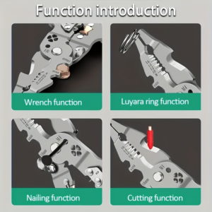 Grid of four panels labeled Wrench function, Luyara ring function, Nailing function, and Cutting function showing a multi-tool in gray tones with green captions at the bottom.