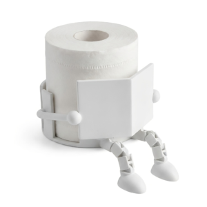 White toilet paper roll with attached white robot legs and round hip joints, standing on a white background.