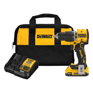 DeWALT cordless drill kit with battery, charger, and yellow/black carrying case bag.