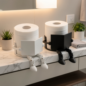 Two anthropomorphic toilet paper rolls with arms and legs sit on a marble bathroom counter, one white and one black, in a playful scene.